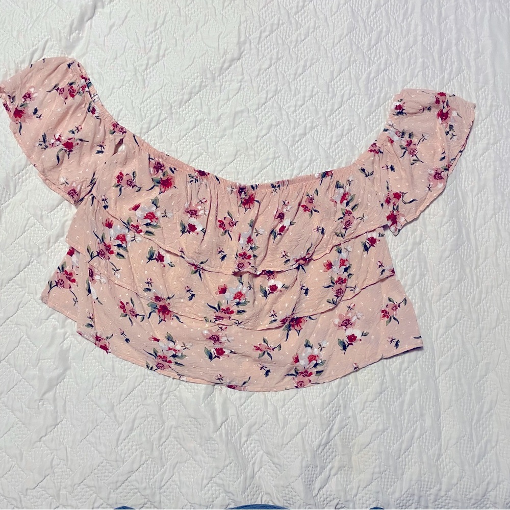 American Eagle Outfitters Blush Floral Off The Shoulder Crop Top With Ruffles L